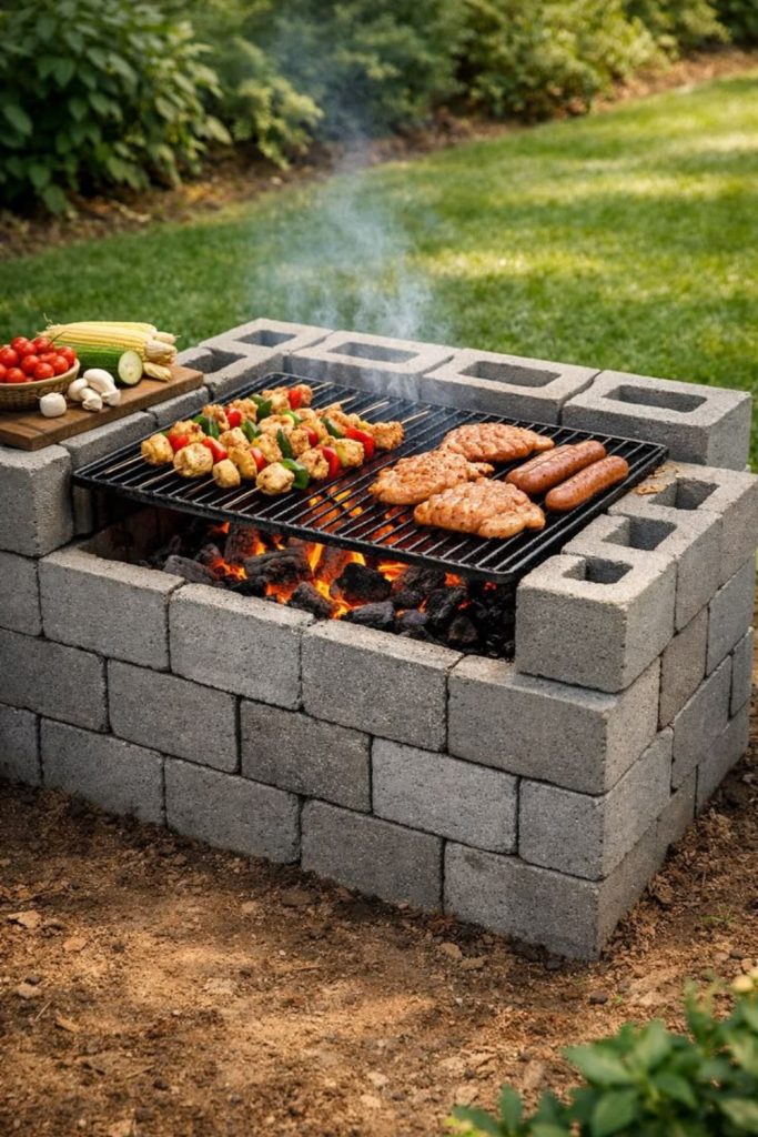 Cinder block grill with open flame.
