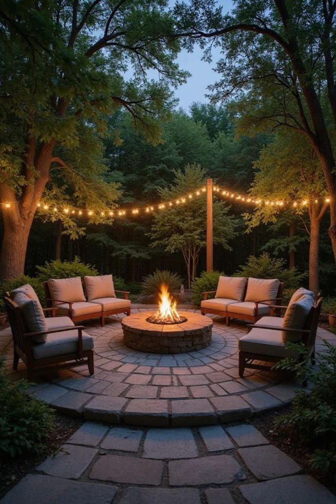 Circular gravel open fire pit stage