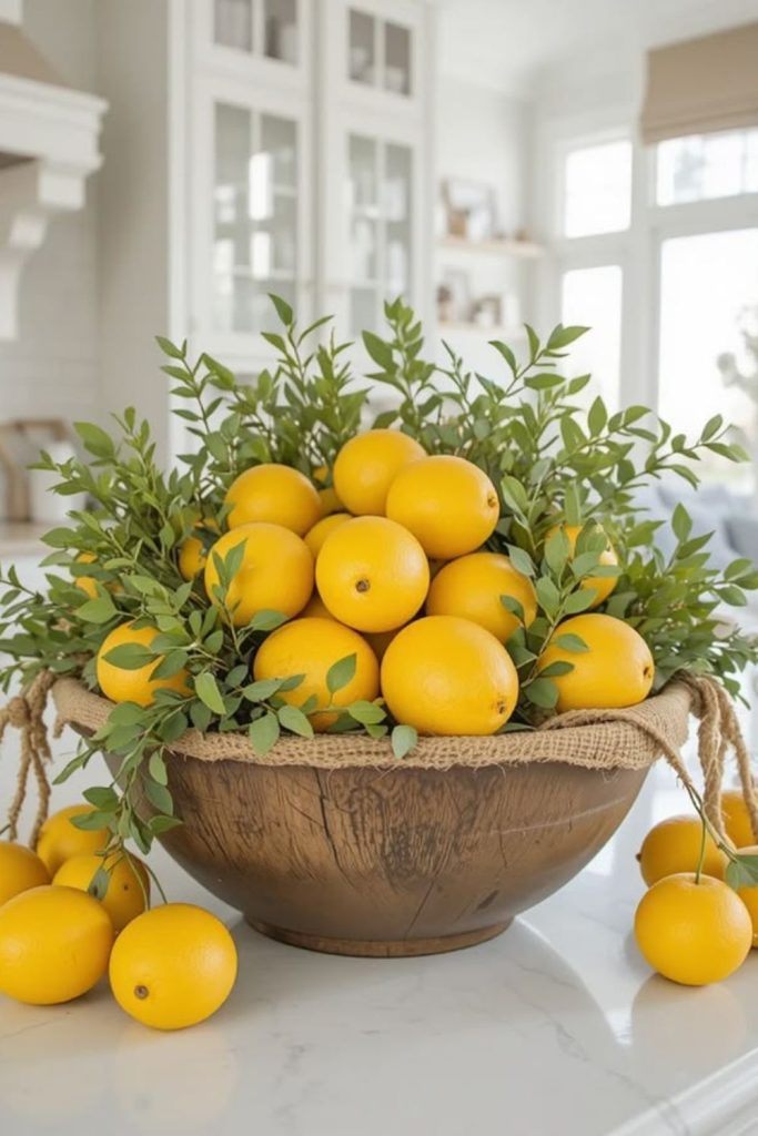 Rustic basket filled with fresh lemons kitchen centerpiece