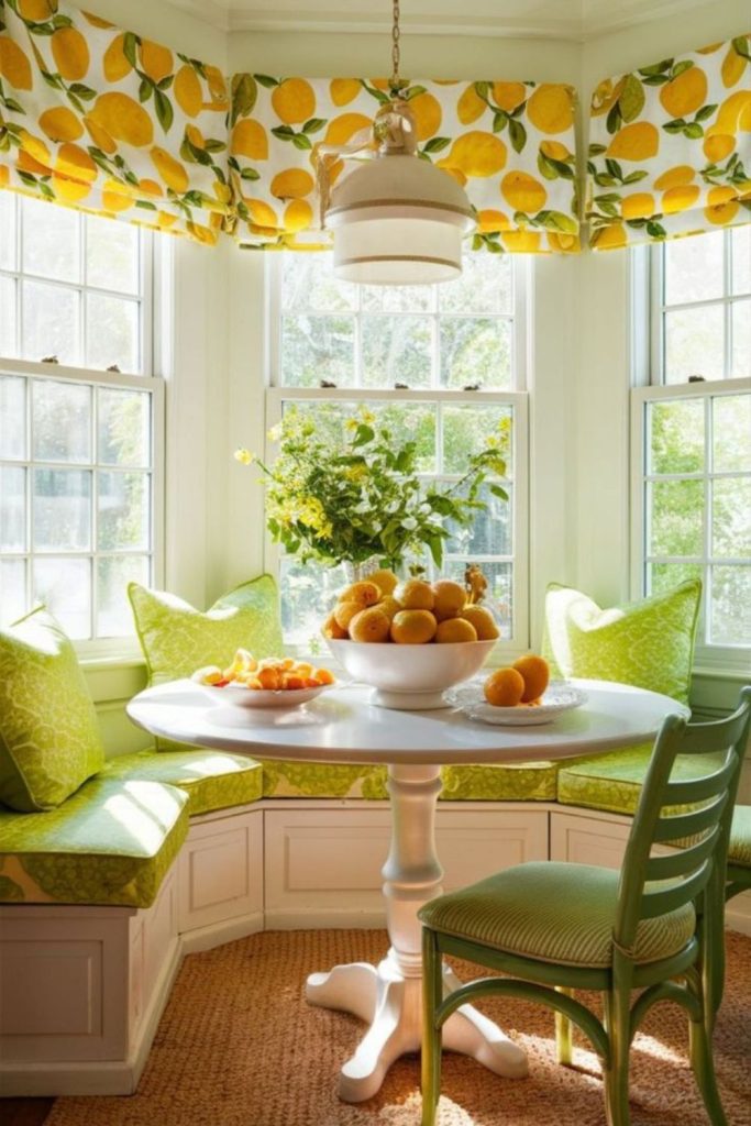 Cozy breakfast nook with lemon themed seating decor
