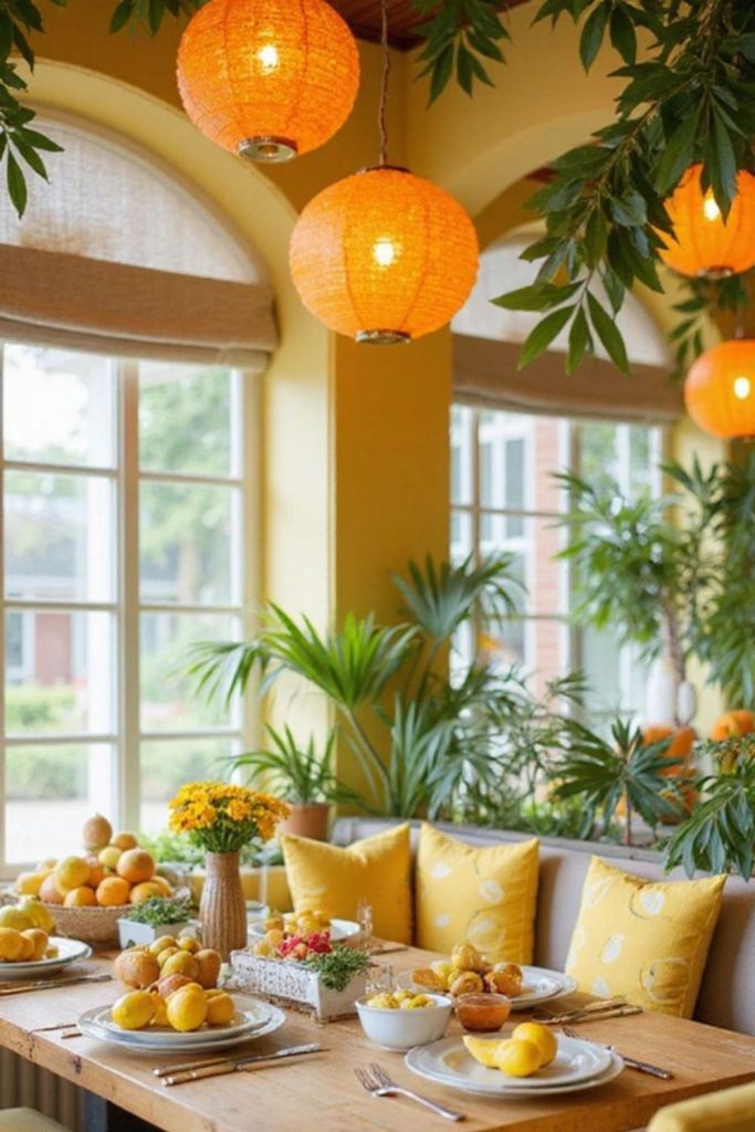 Citrus themed chandelier lighting warm kitchen ambiance decor