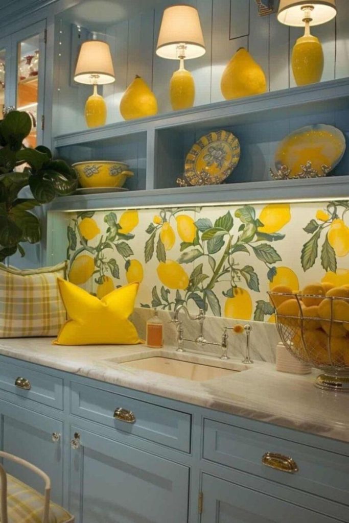 Yellow color block kitchen design with modern citrus tone