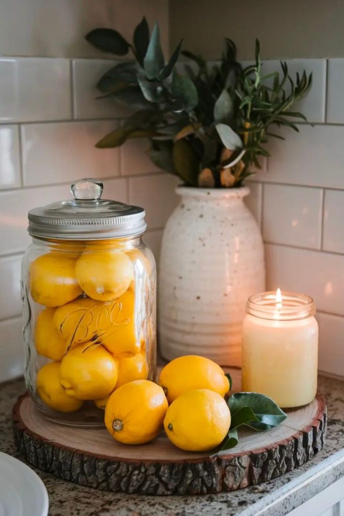 Glass jars with lemon slices decorative kitchen storage