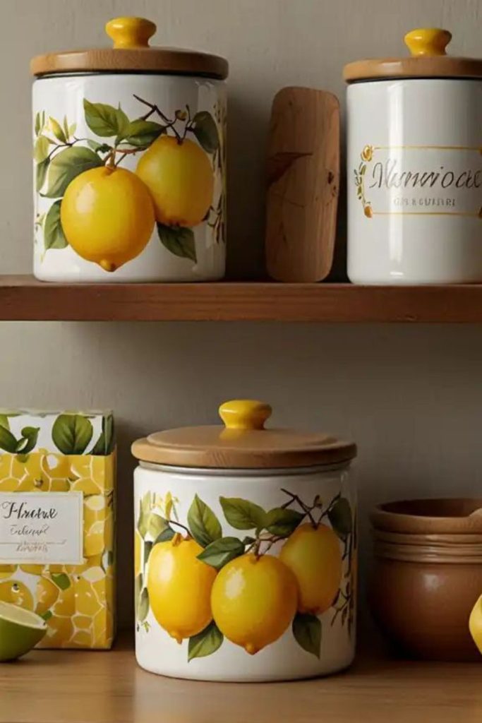 Hanging pots with citrus themed organized kitchen storage