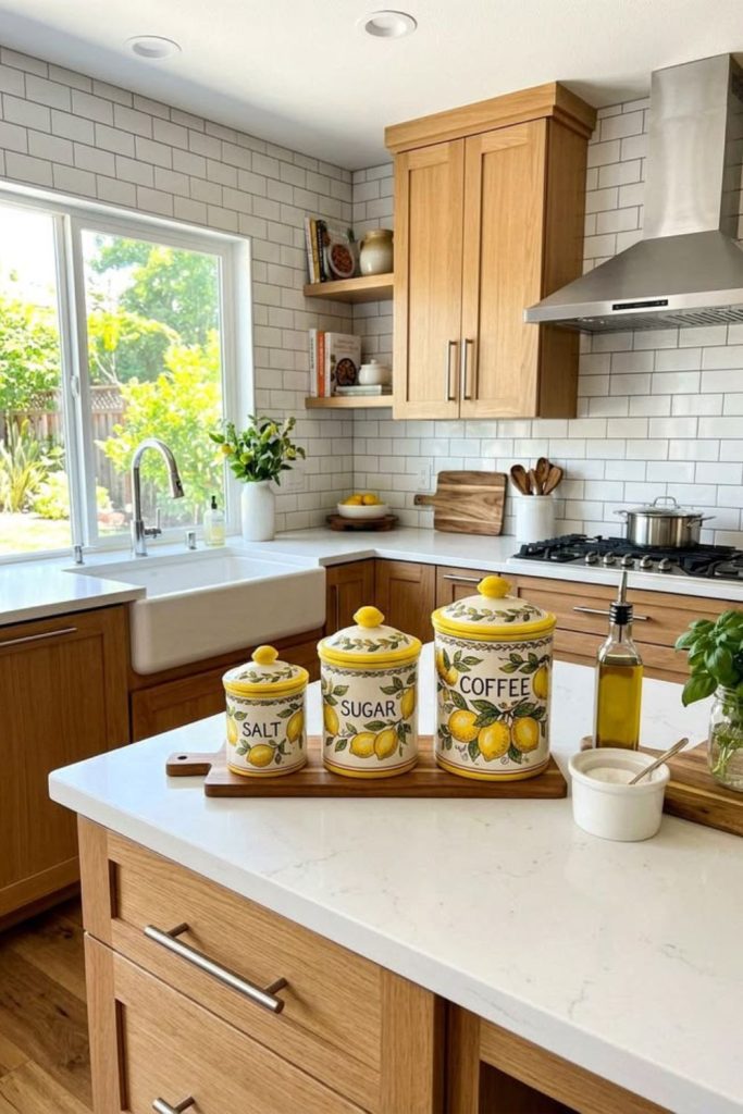 Organized spice rack with lemon themed kitchen styling