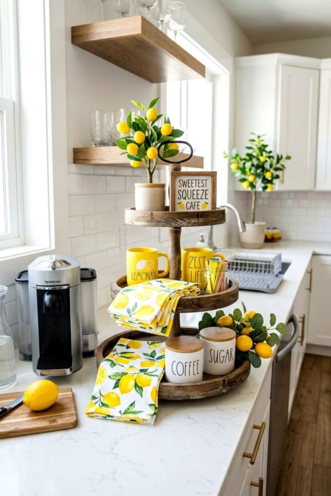 Cozy tea corner with lemon themed kitchen accessories