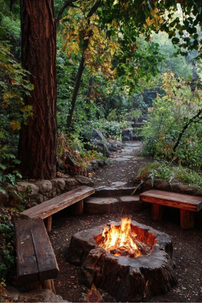Natural log circle woodland fire pit
