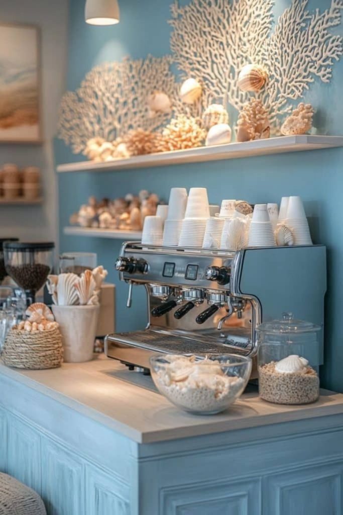 Coastal breeze airy seaside coffee deck design.