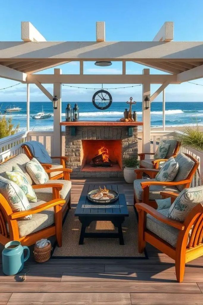 Beach style driftwood fire feature
