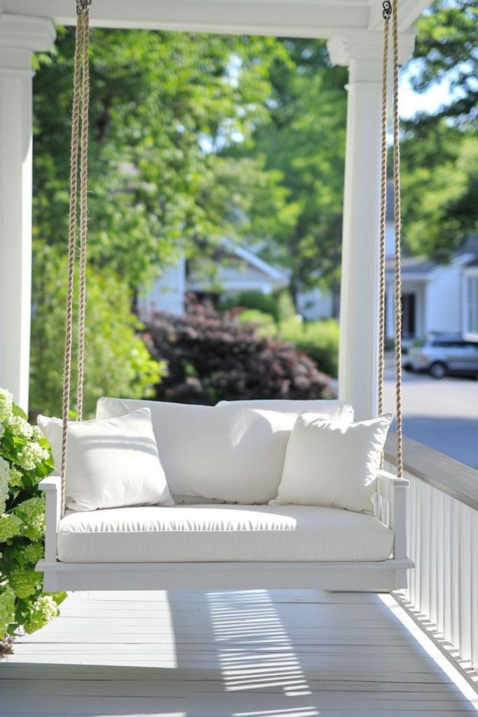Whitewashed coastal wooden porch swing bench