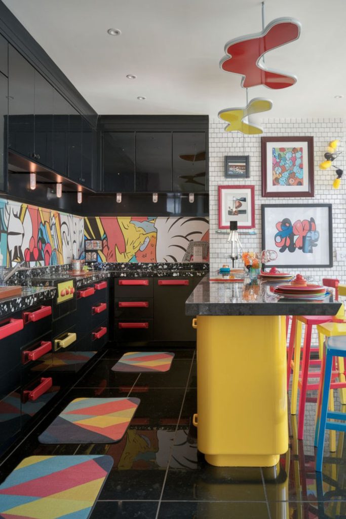 Pop art kitchen with bold color block design.