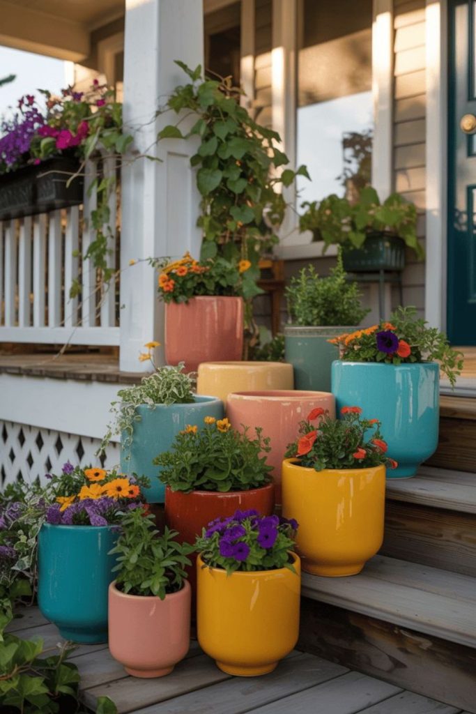 Colorful painted clay pots vibrant porch.