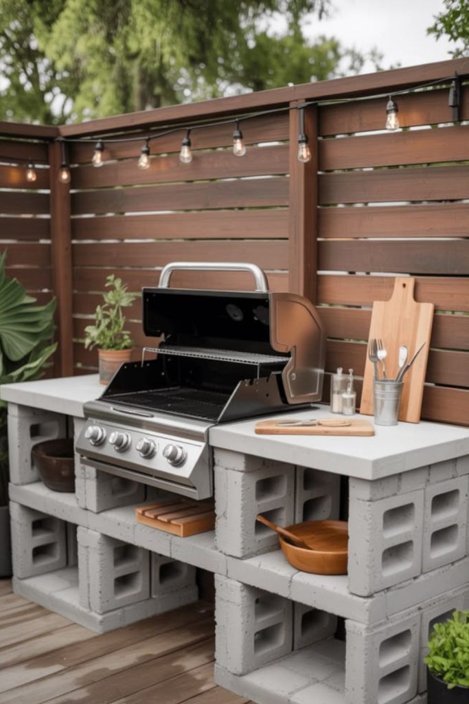 Concrete block table grill setup.