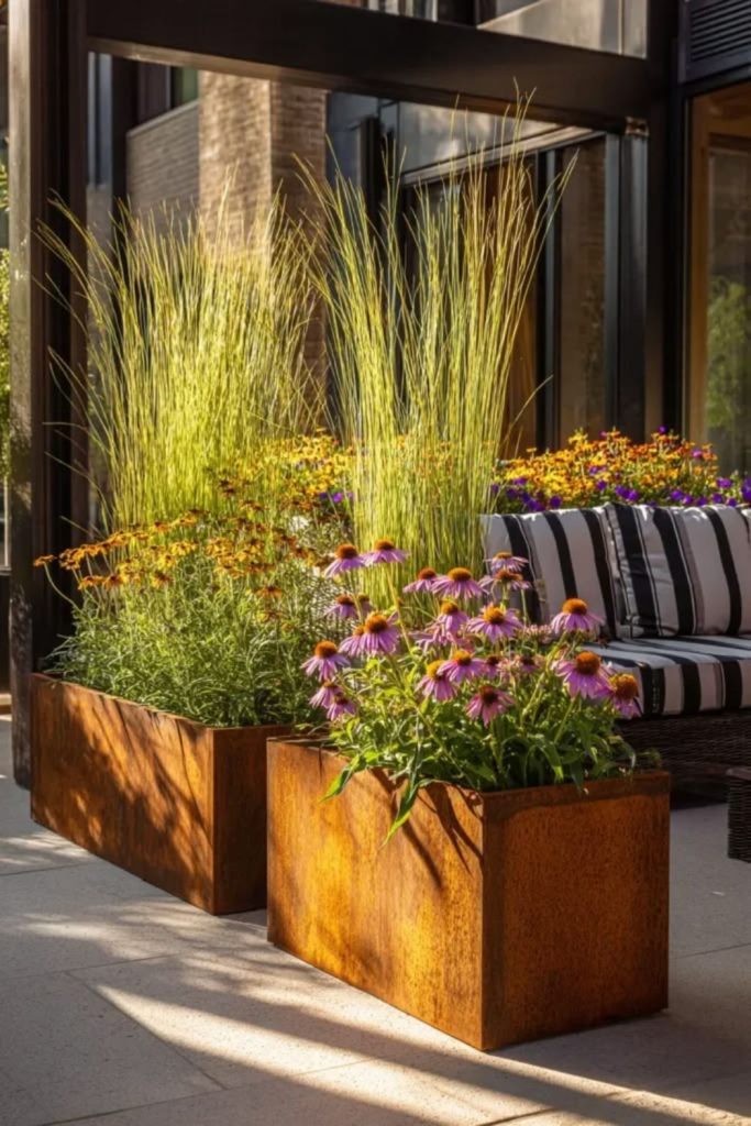 Copper patina metallic garden planter column