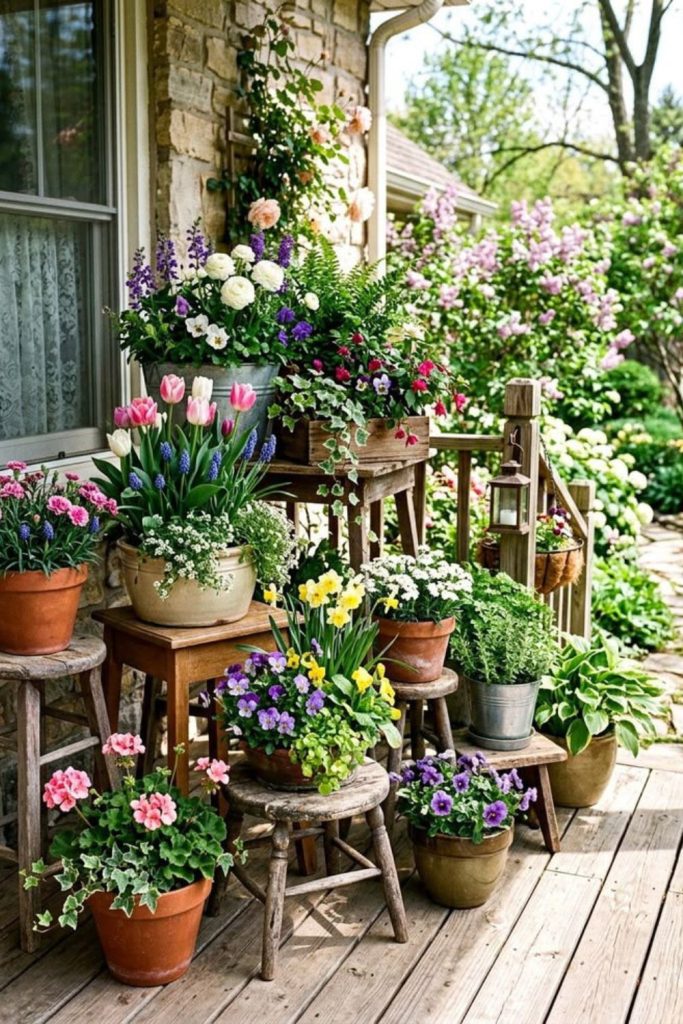 Cottage style mixed flower pot arrangement.