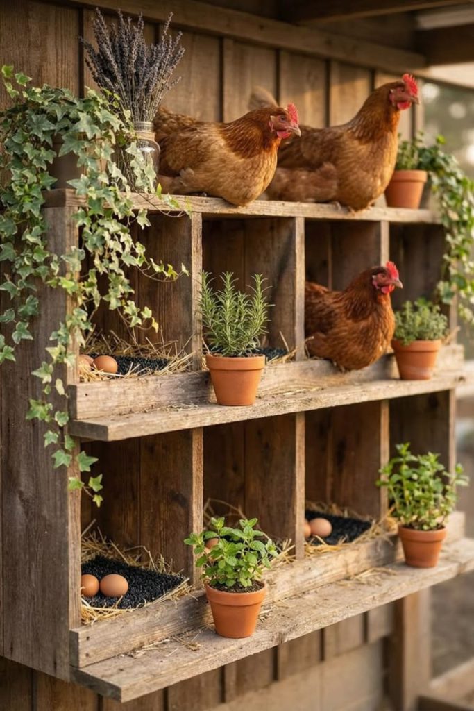 Cottage style cozy chicken nesting shelf coop