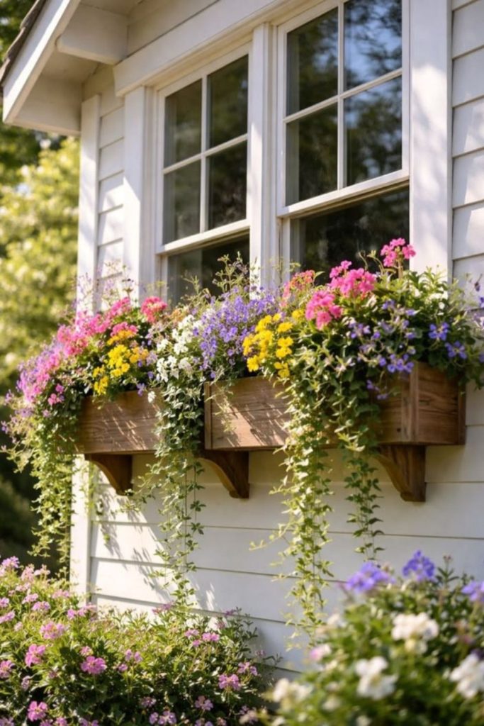 Cottage window box overflowing flower display.