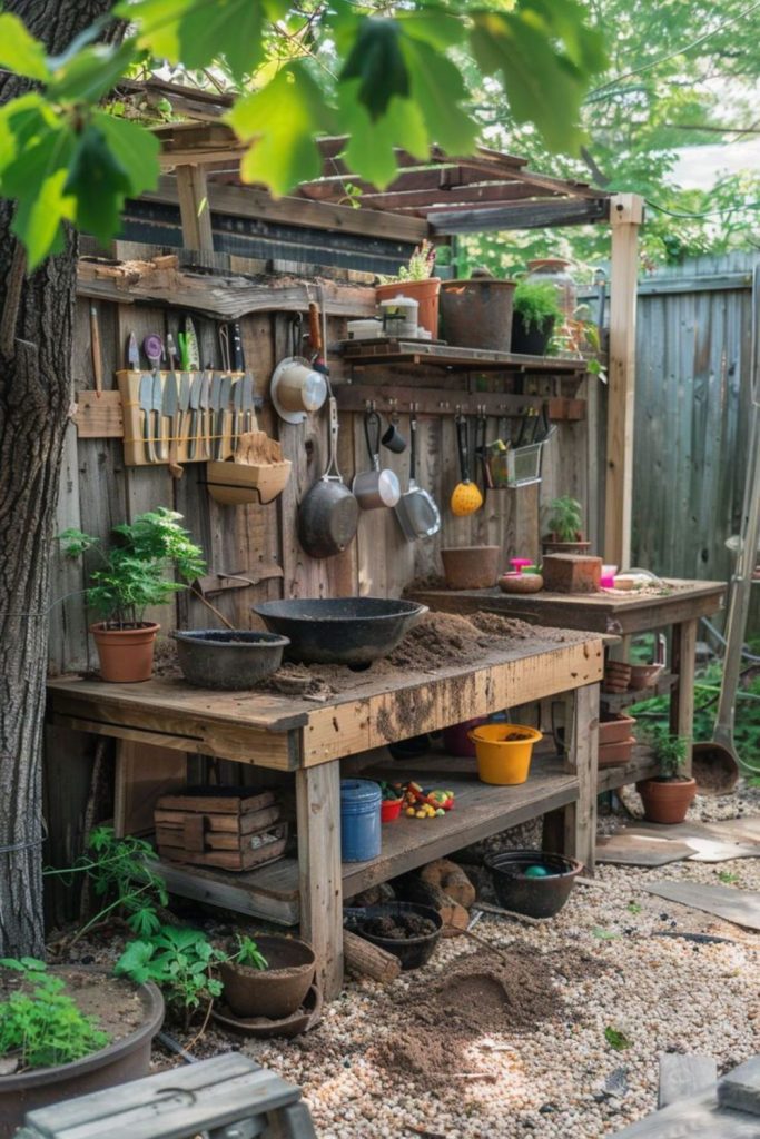 Creekside wooden mud kitchen play deck