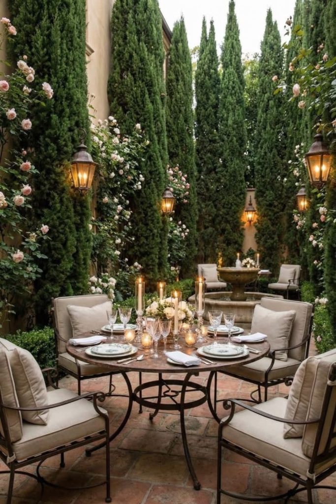 Tall cypress lined formal avenue garden perspective