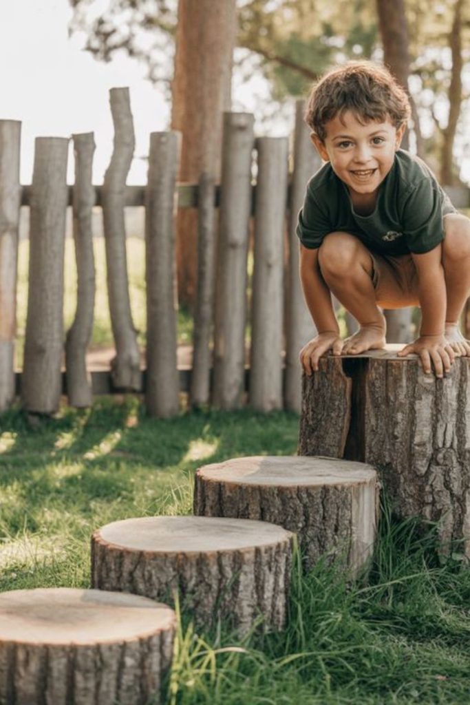 Wooden balance beam backyard kids practice trail.