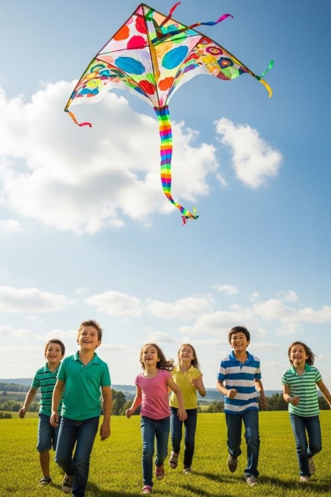 Kite flying backyard kids outdoor activity.