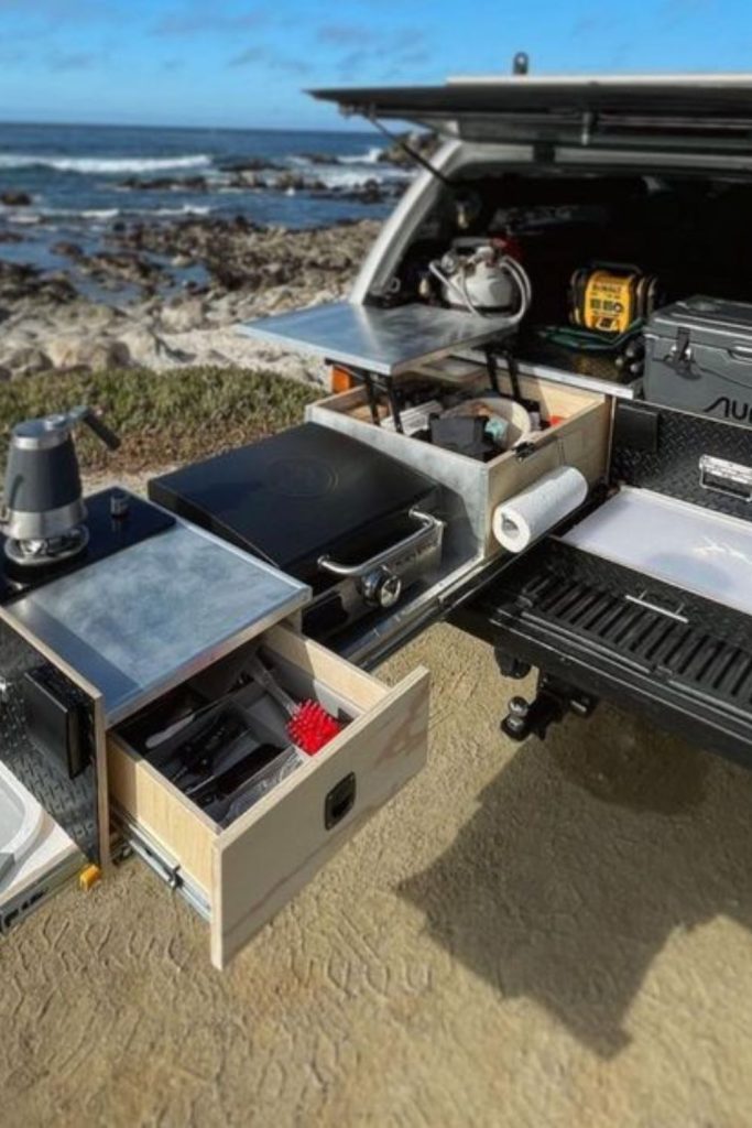 Sliding camp kitchen drawer truck bed unit