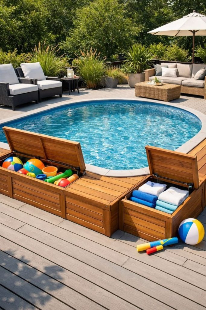 Deck box hiding inflatable swim toys