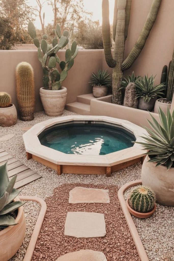 Desert tone pool, warm sandy minimal outdoor retreat.