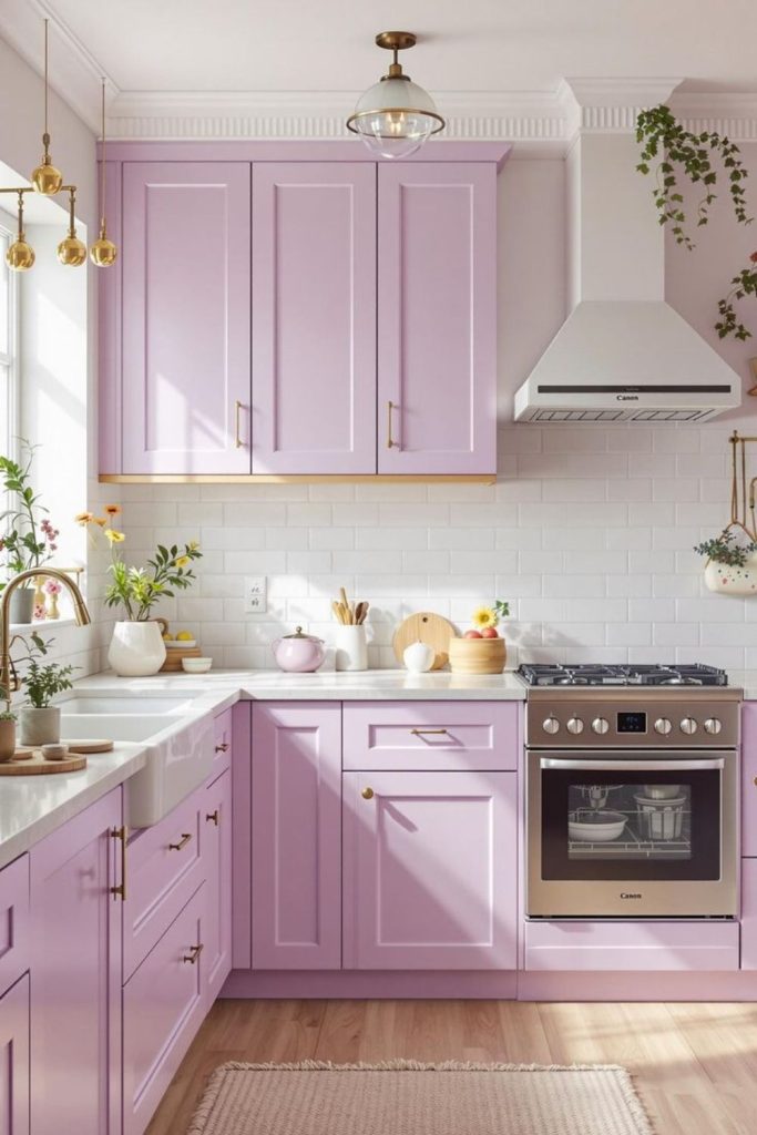 Lavender kitchen with soft dreamy calming tones.