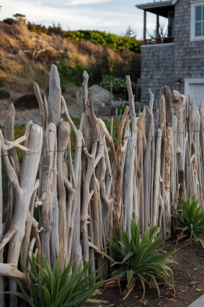 Driftwood rustic coastal style fence structure