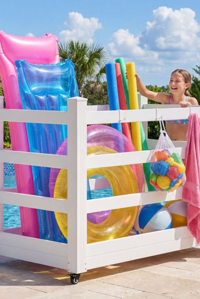Rustic crate stacked pool float storage