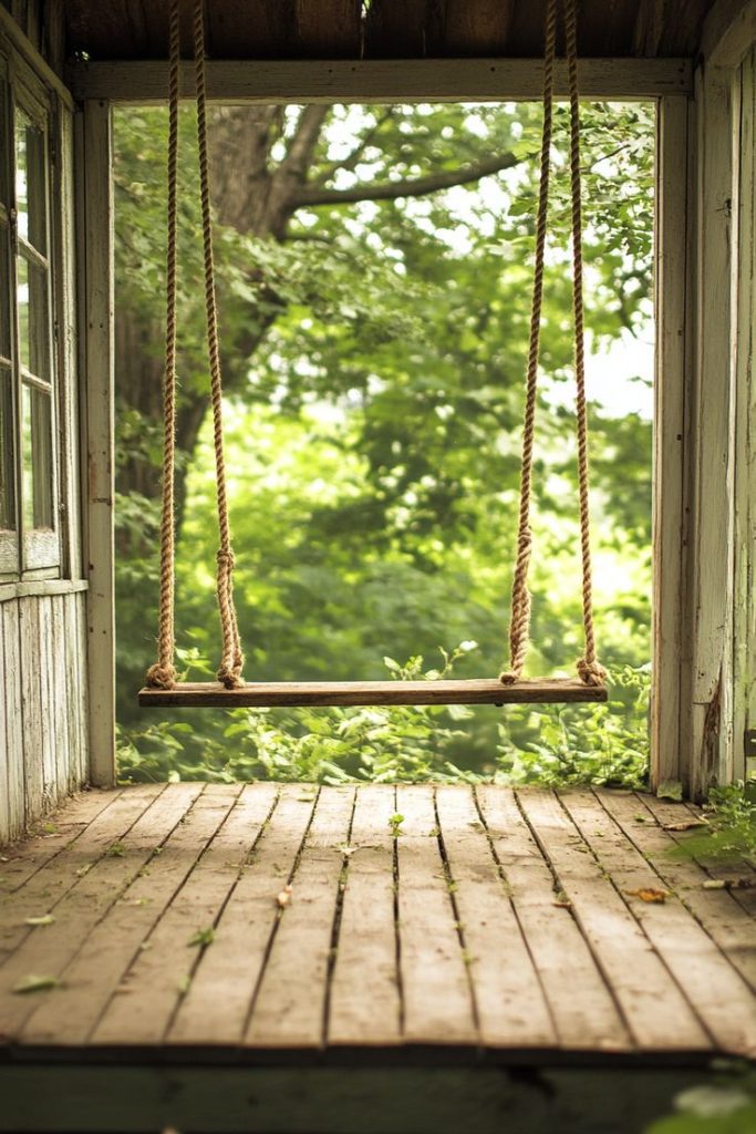 Weathered driftwood coastal porch swing aesthetic