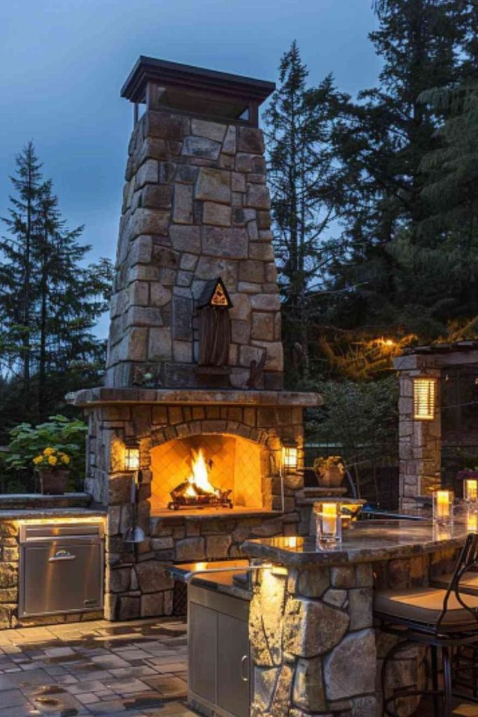 Rustic stone fireplace with glowing flames