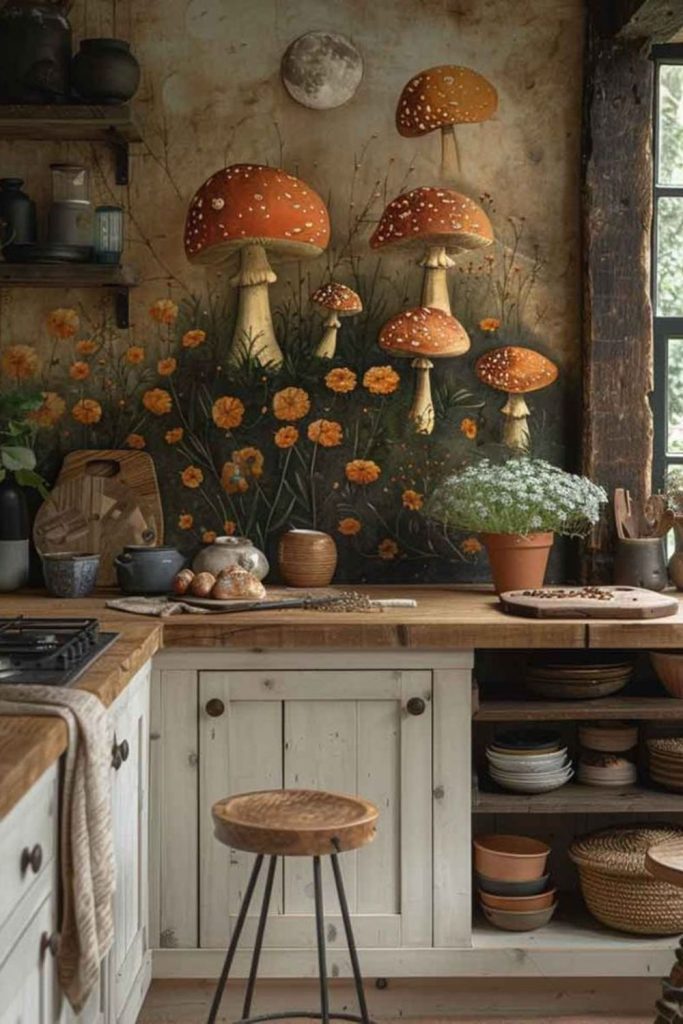 Enchanted forest kitchen with earthy mystical tones.