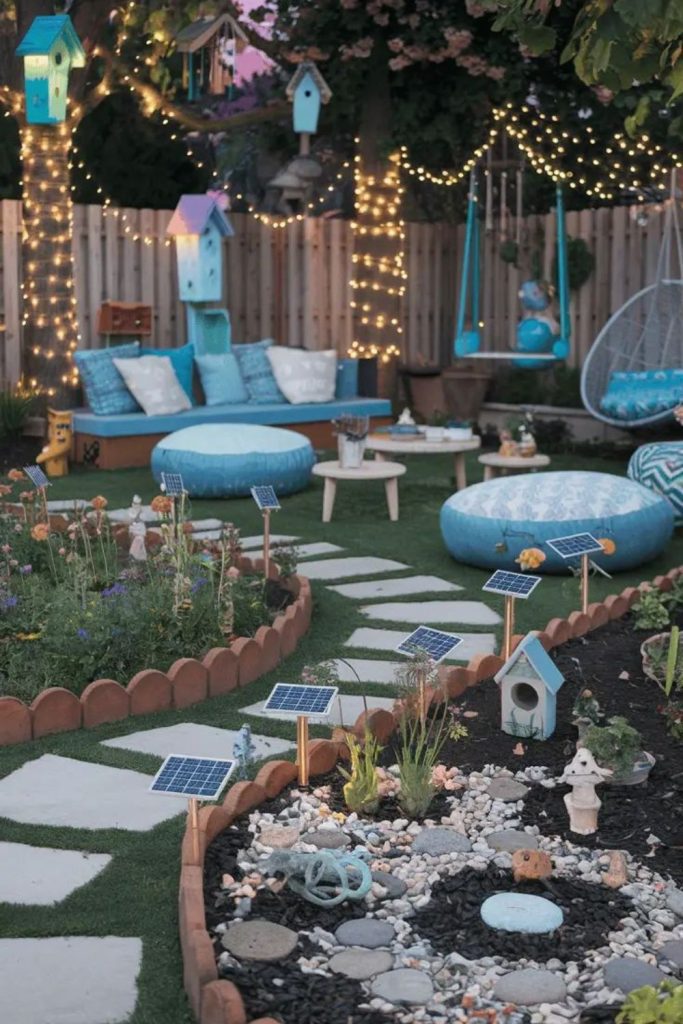 Fairy garden whimsical outdoor kids play nook.