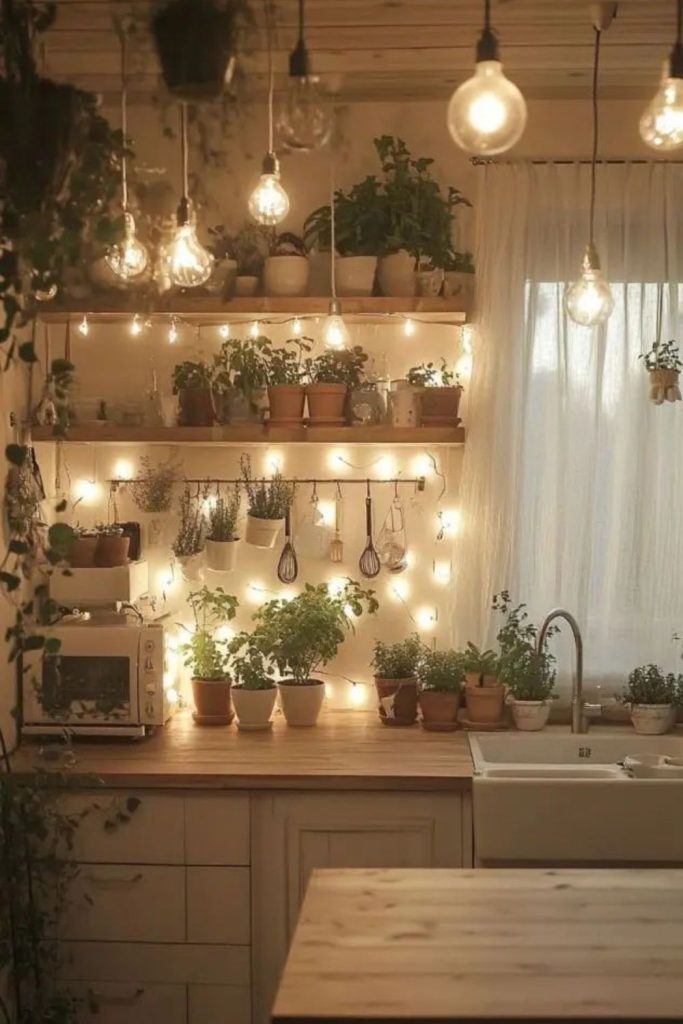 Fairy lantern kitchen glowing with magical lights.