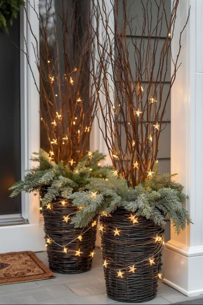 Fairy light wrapped glowing flower pots.