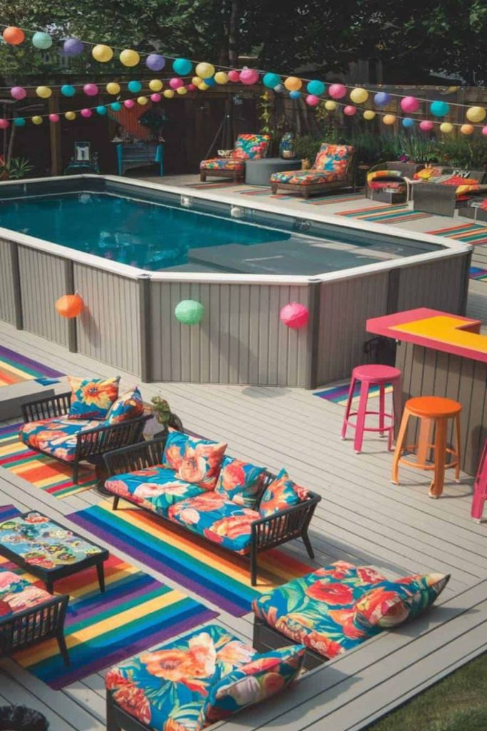 Tiered family pool, multi level playful splash design.