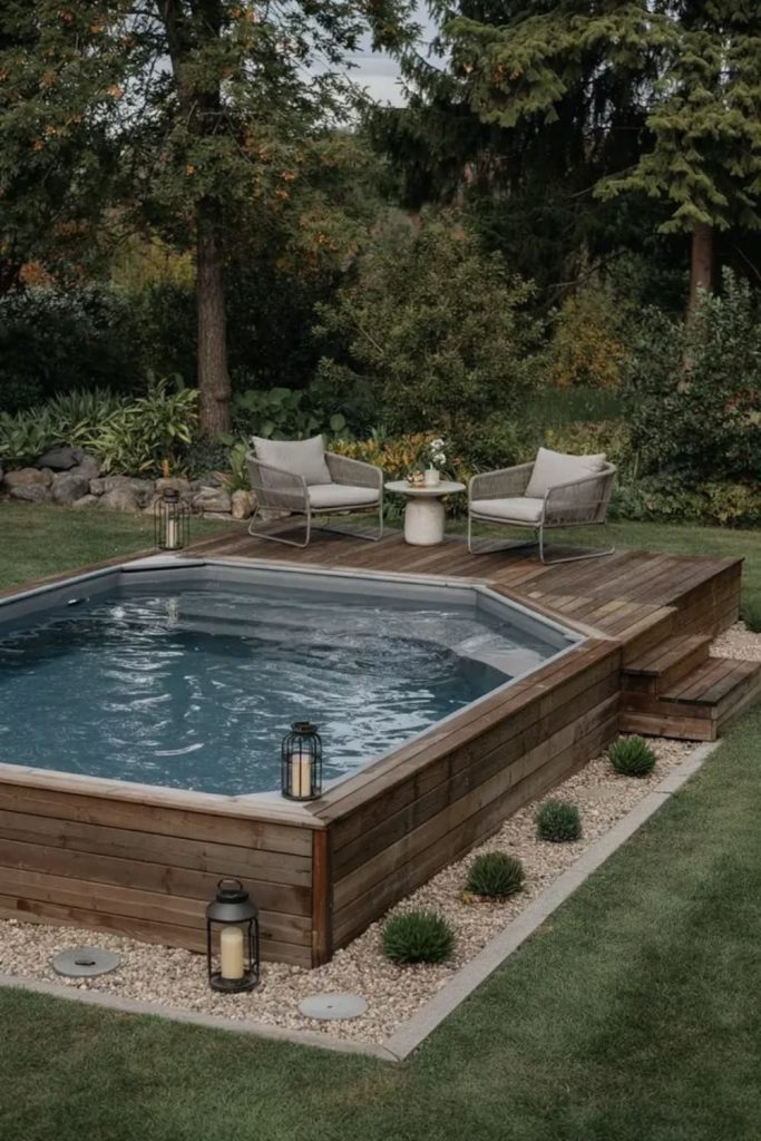 Farmhouse style pool, whitewashed rustic cozy backyard vibe.
