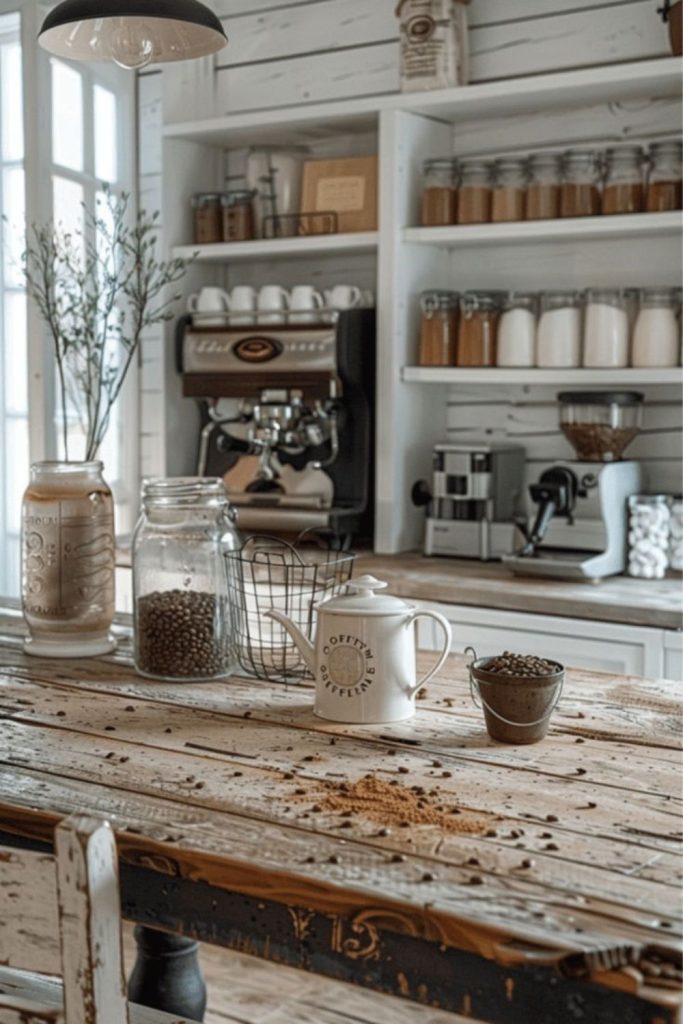 Farmhouse comfort rustic cozy coffee bar interior.