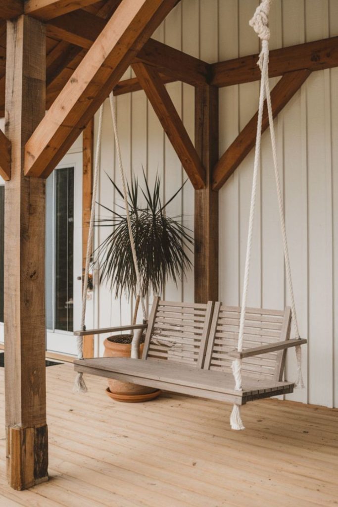 Farmhouse slat back wooden swing bench