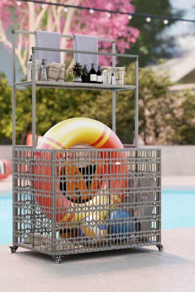 Fence rail bins organizing pool inflatables
