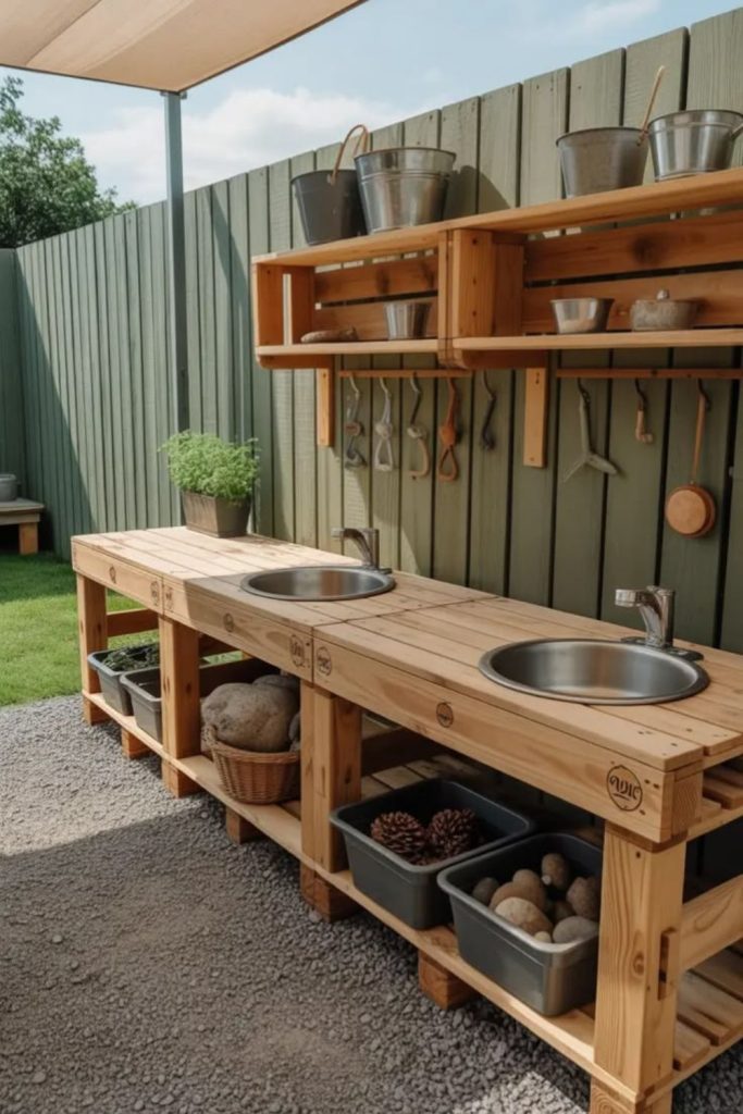 Fence side long mud kitchen counter