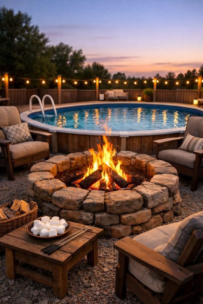 Fire pit pool combo, cozy warm evening outdoor vibe.