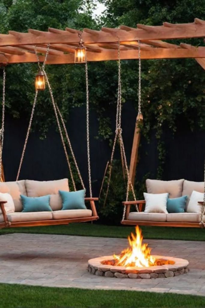 Swing chairs around fire pit