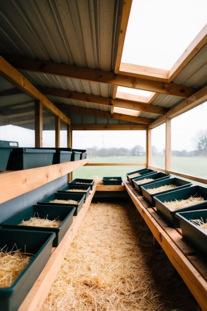 Floating coop raised airy chicken housing shelves