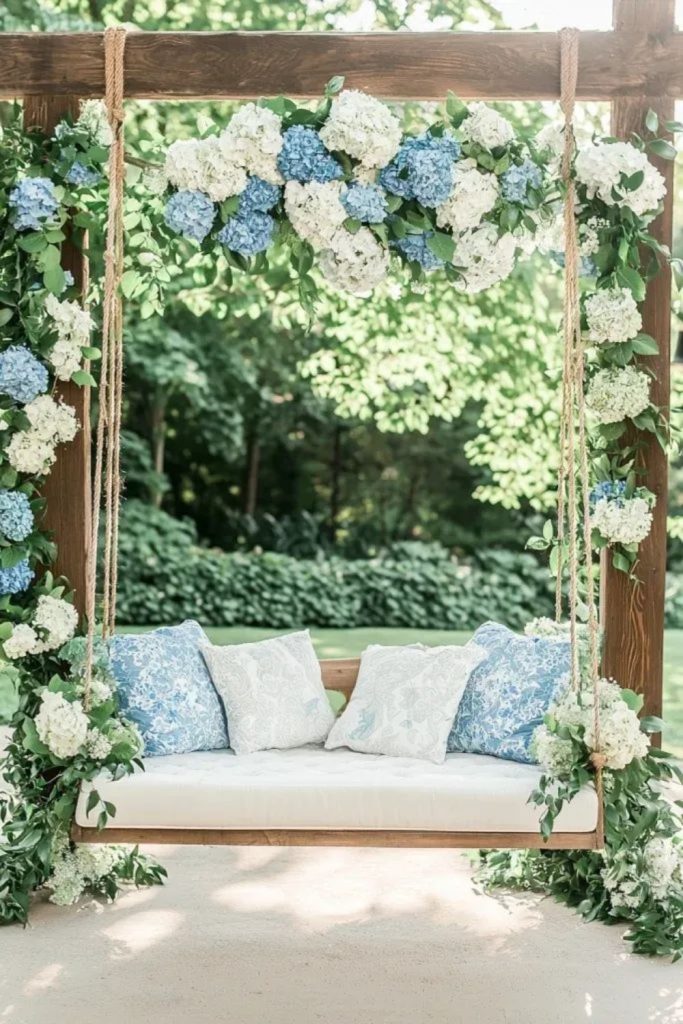 Floral garden arch hanging swing bench
