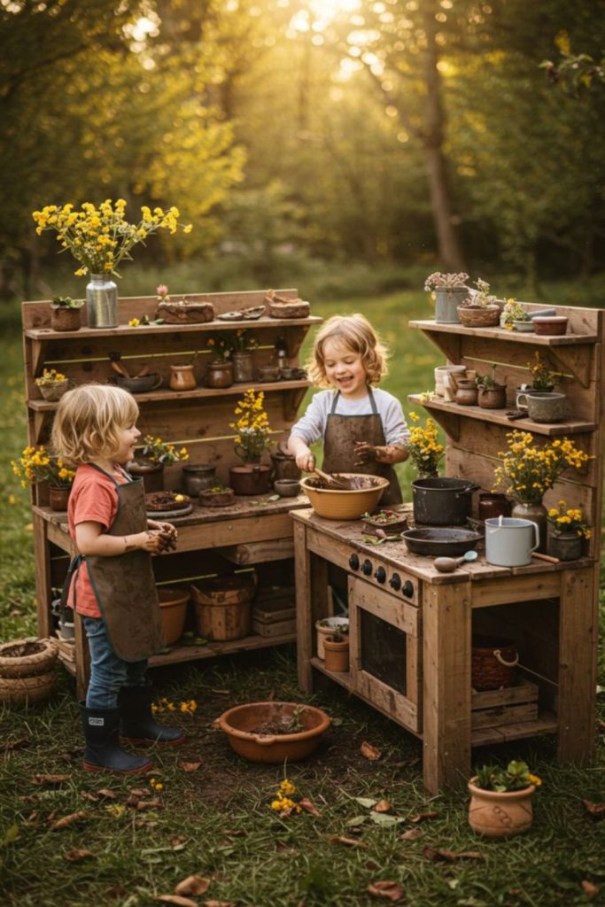Forest floor natural mud kitchen setup