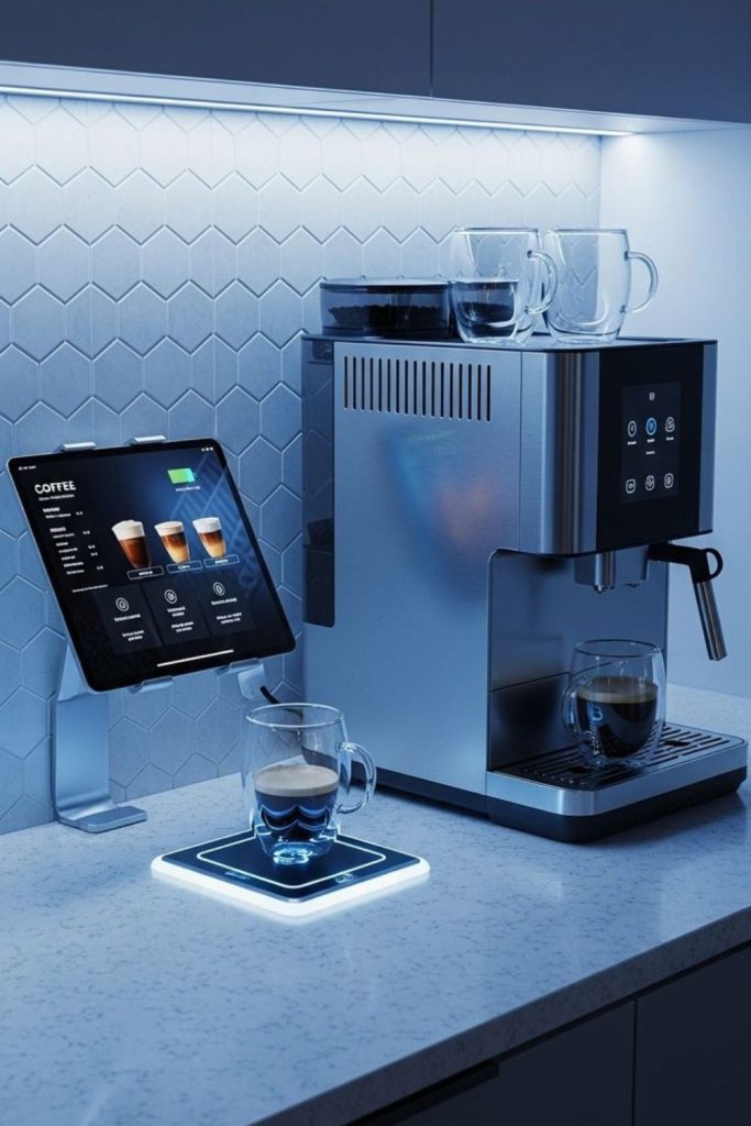 Futuristic glass cube transparent coffee bar design.