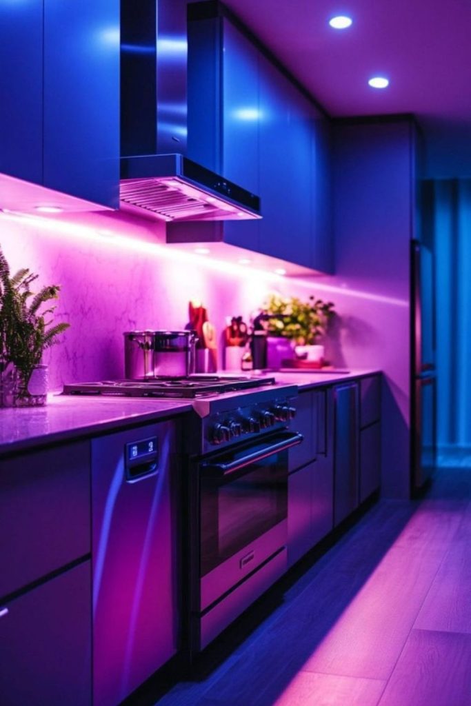 Futuristic neon glowing cyber kitchen counter